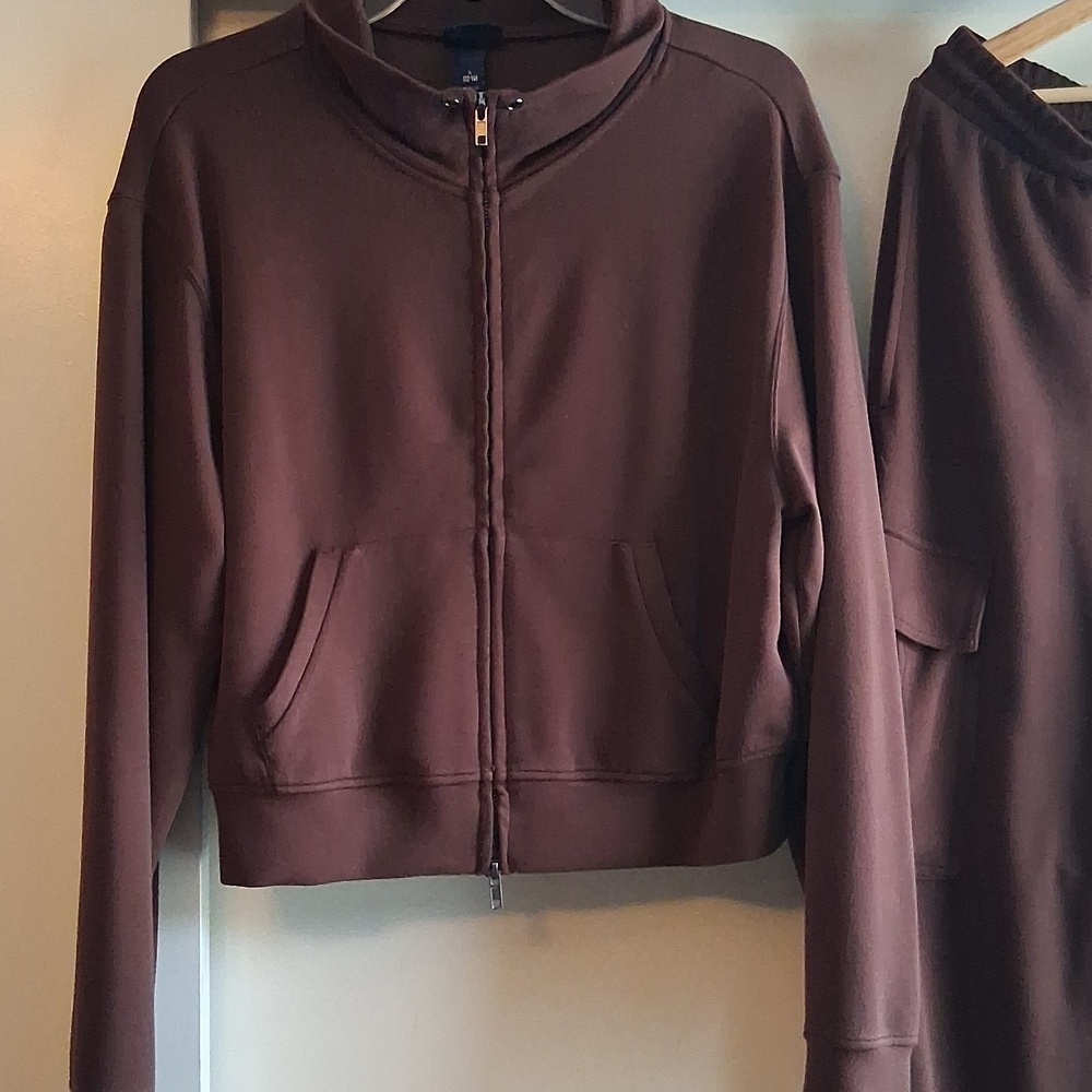 Chocolate Brown 2 Piece Set Soft Ponte Knit Cargo Joggers & Zip Up - Picture 2 of 7